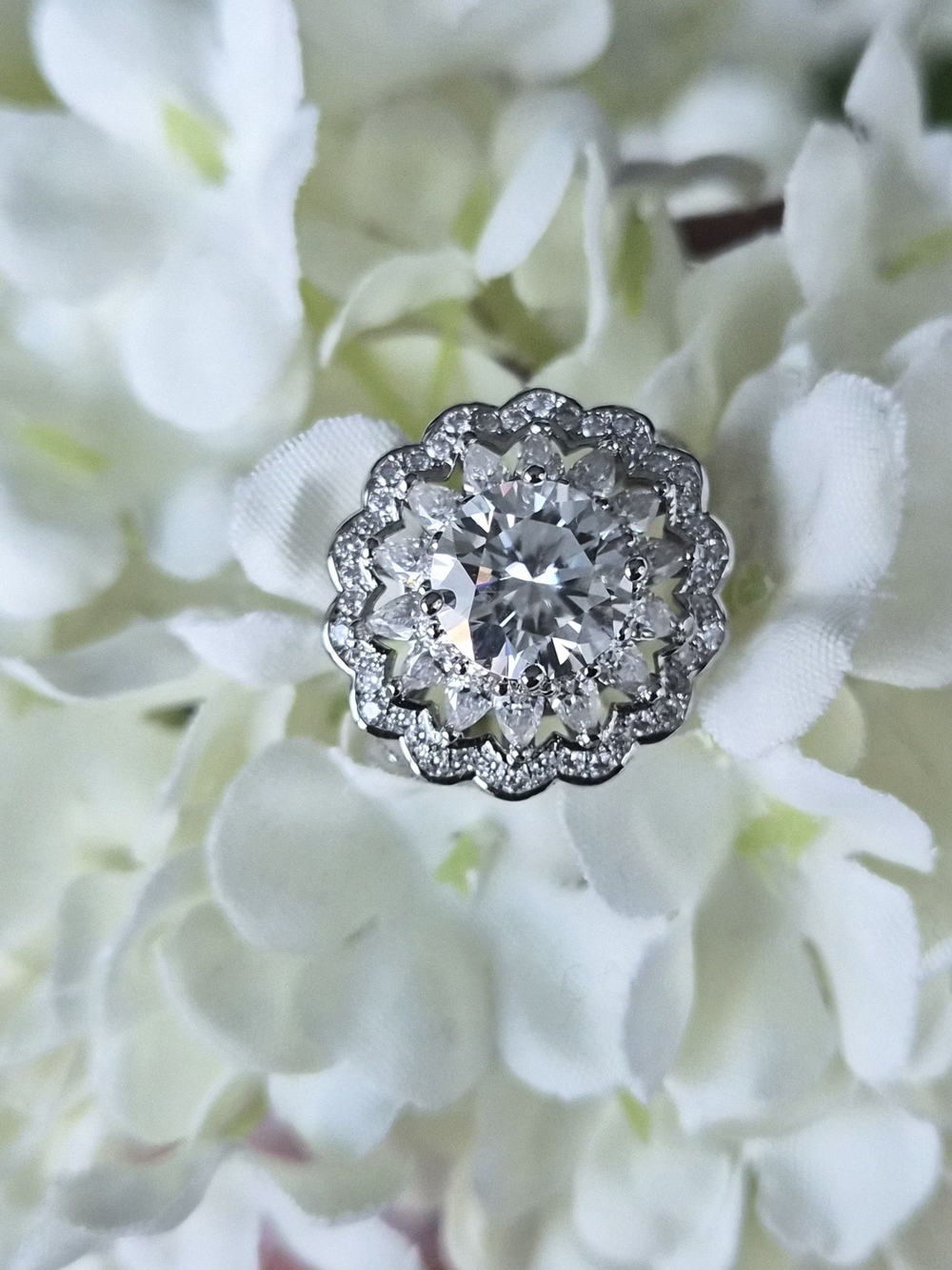 Classic Silver Halo Floral Moissanite Ring Size 6
